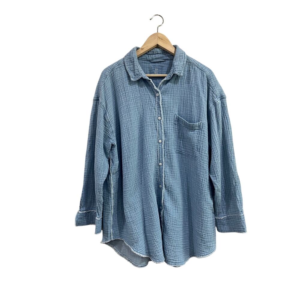 Aerie Blue Cotton Gauze Oversized Beach Swim Cover Up Shirt Size Large - Picture 4 of 12